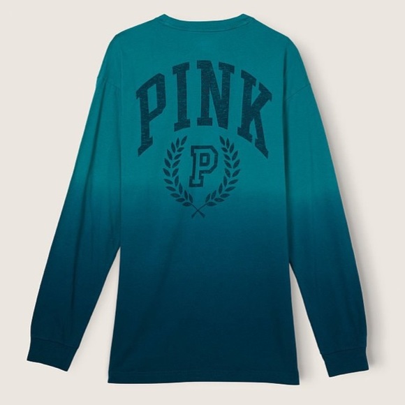 VS VICTORIAS SECRET PINK CAMPUS LONG SLEEVE TEE TOP DEEP LAKE DIP DYE M - Picture 6 of 7